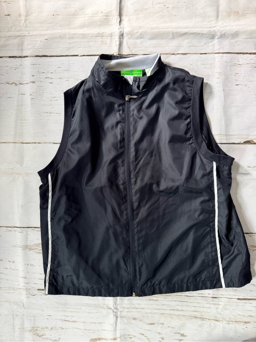 Allyson Whitmore Black Sleeveless Windbreaker Vest with White Piping